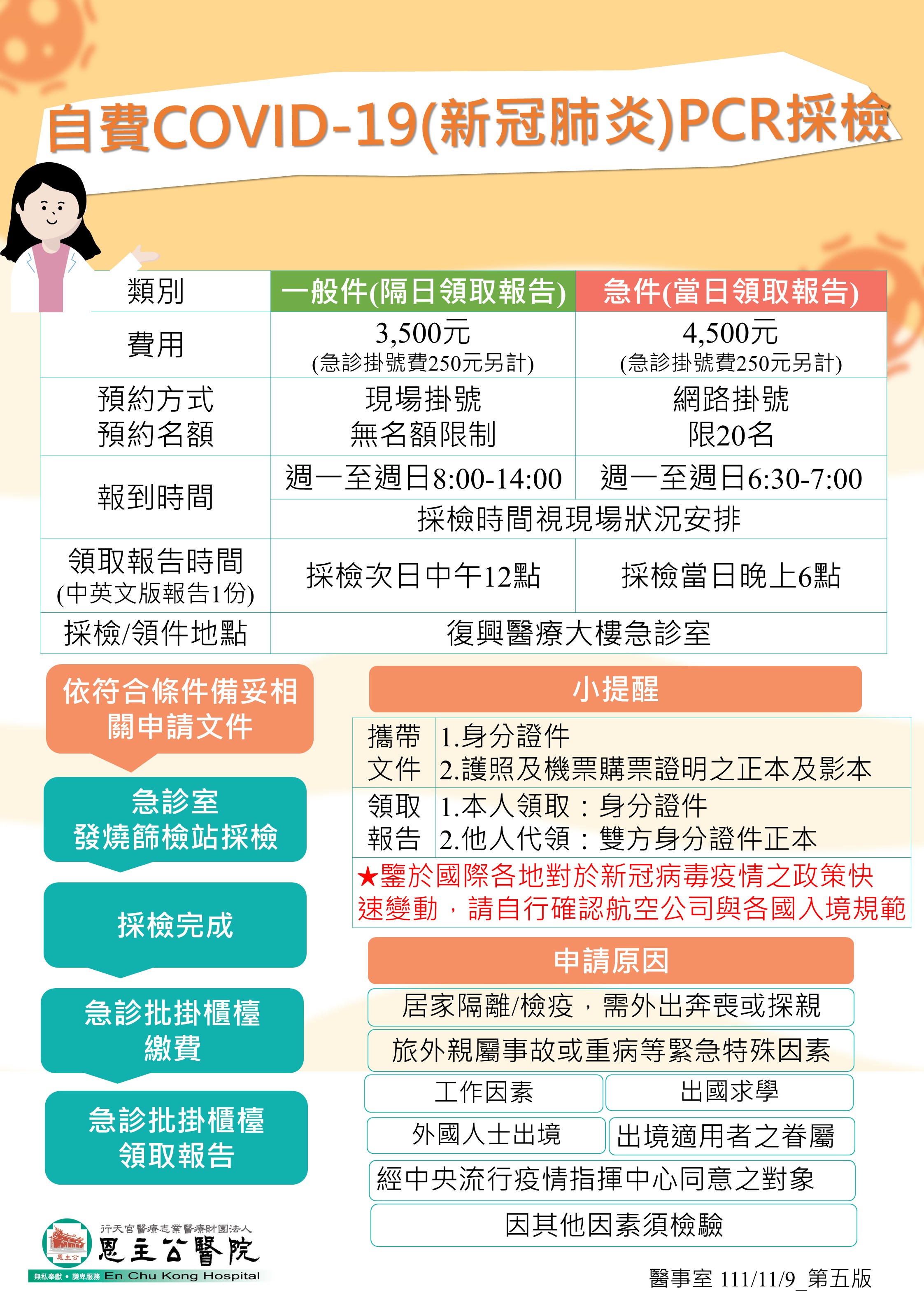 1111111公告自費PCR一般件 急件服務時段及相關內容